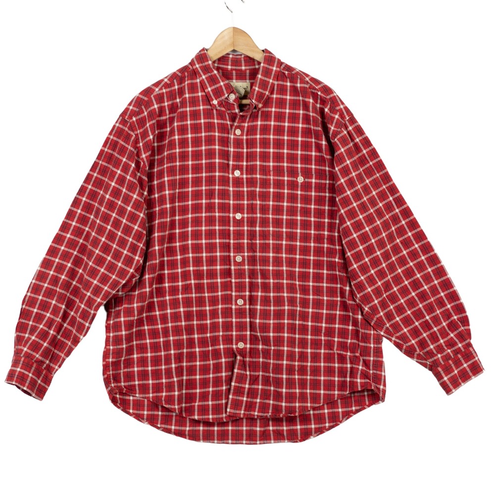 Eddie Bauer Button Down Shirt Mens Large Red Plaid 100% Cotton Long Sleeve